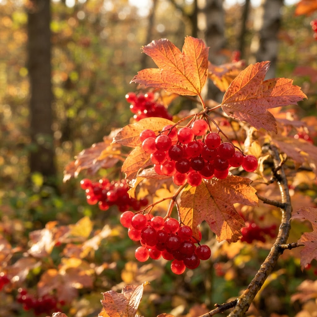 Clusters of translucent glossy red guelder rose berries among maple-like autumn leaves glowing in the sun