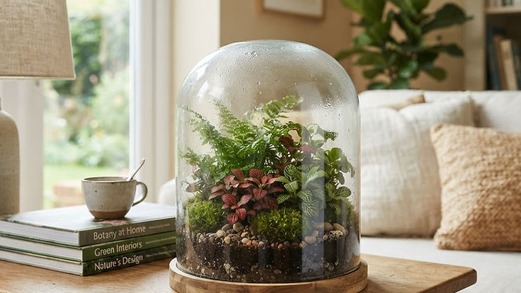 Closed glass cloche terrarium with small ferns, red and green fittonia and moss on a wooden side table in a bright living room