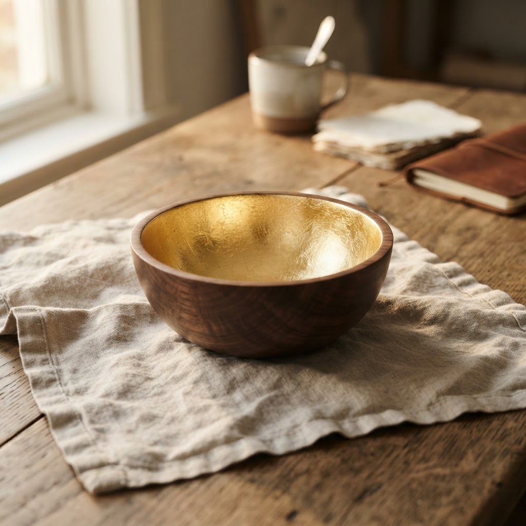 A turned dark walnut wooden bowl with the inside gilded in gold leaf, standing on a linen cloth on a rustic oak table in warm light