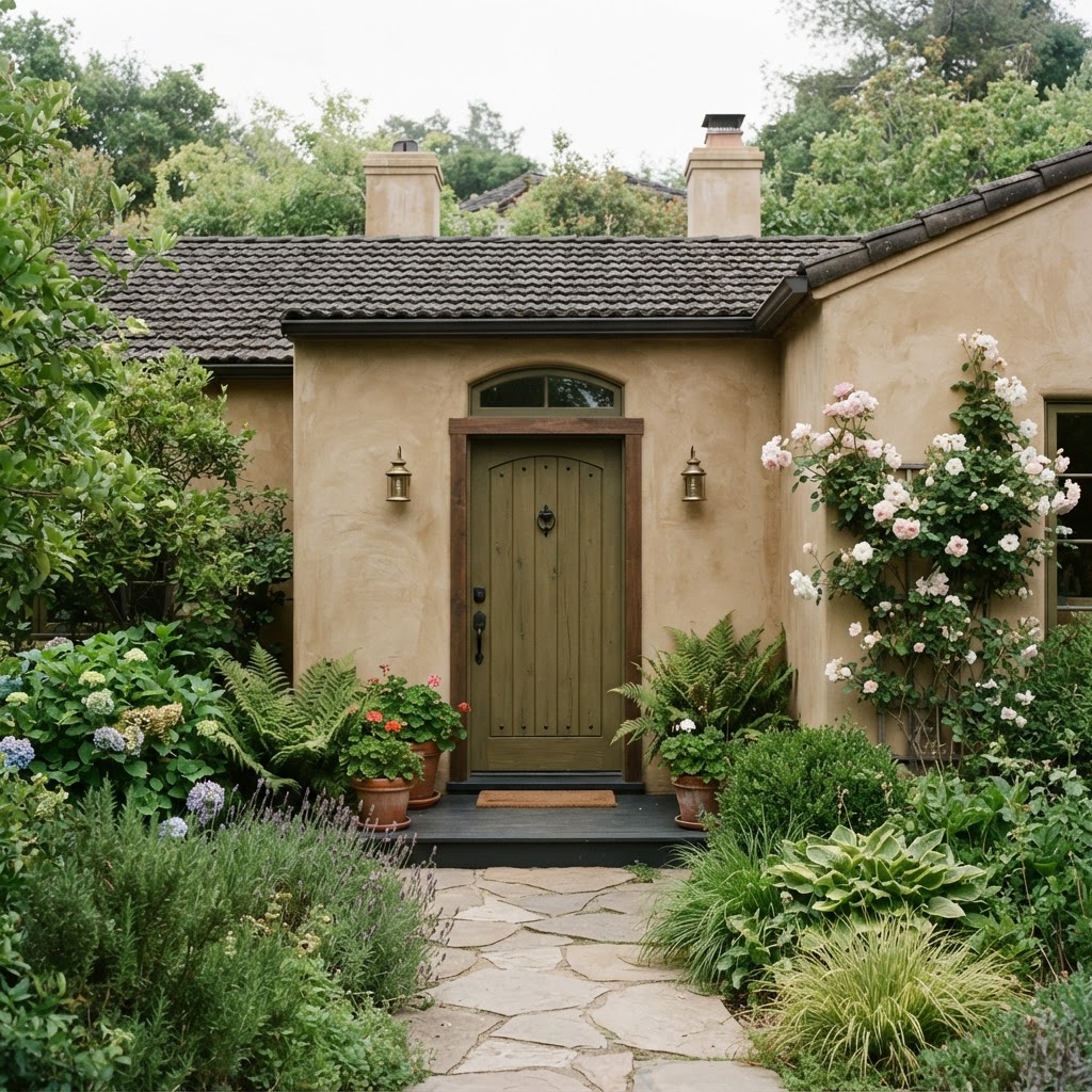 Earthy olive green front door on a tan stucco house surrounded by roses and planting