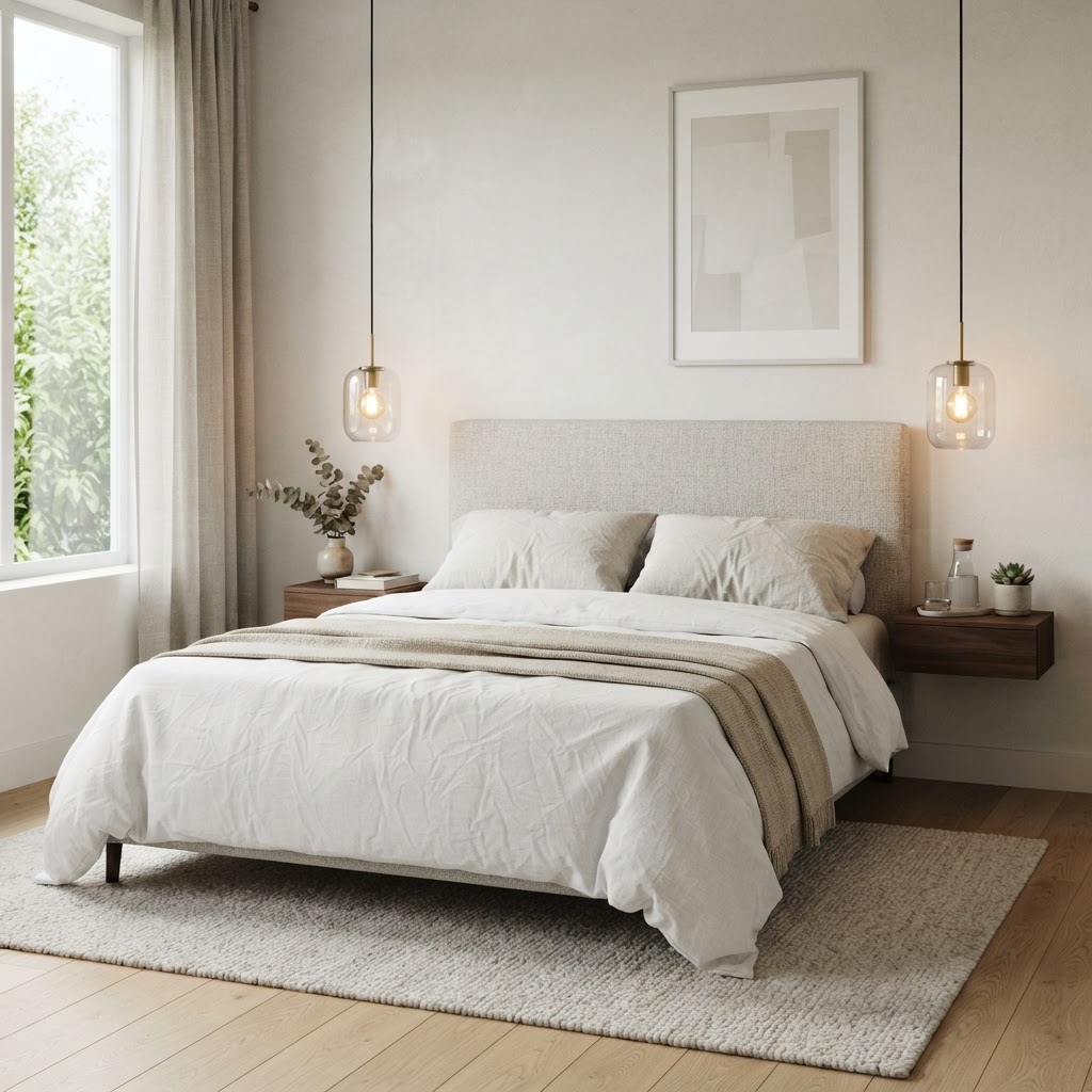 Two glass pendant lights hanging low either side of a bed above small bedside tables in a modern bedroom