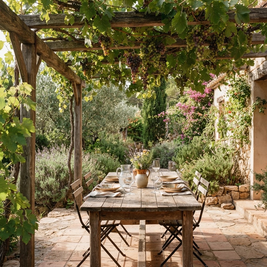 Rustic pergola covered in a leafy vine over a wooden dining table