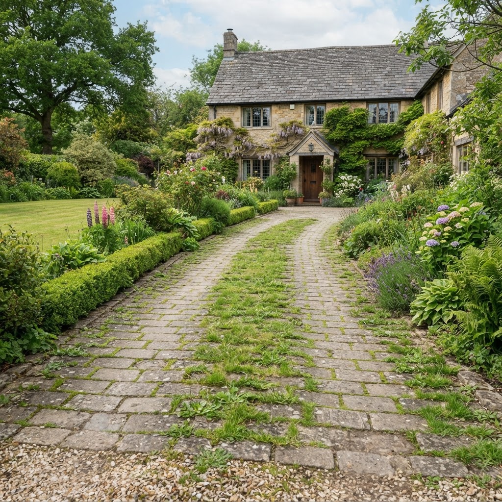 Permeable block paver driveway with grass growing between and along the centre, leading to a stone house