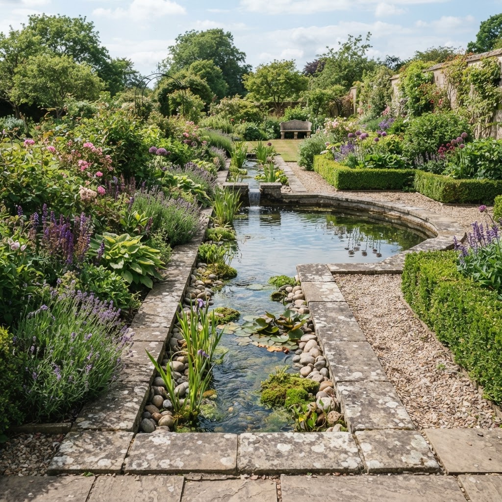 Formal garden water feature with a stone-edged pool and rill between lavender and clipped box hedges