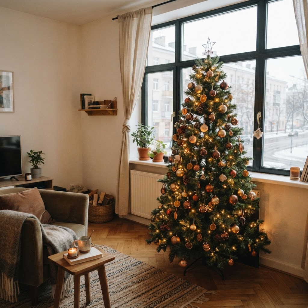 Christmas tree decorated with dried orange slices in front of a window in a small flat