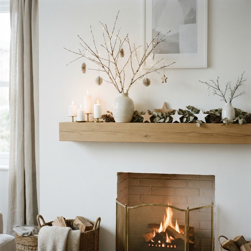 Minimalist Scandinavian Christmas mantel with bare branches in a ceramic vase, white candles and small wooden stars against white walls