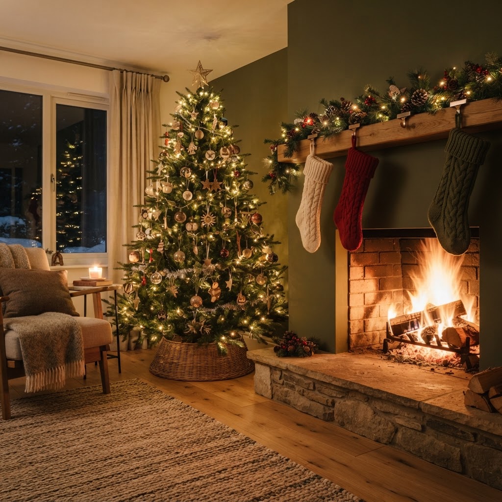 Christmas tree against the wall beside a fireplace with knitted stockings on the mantel