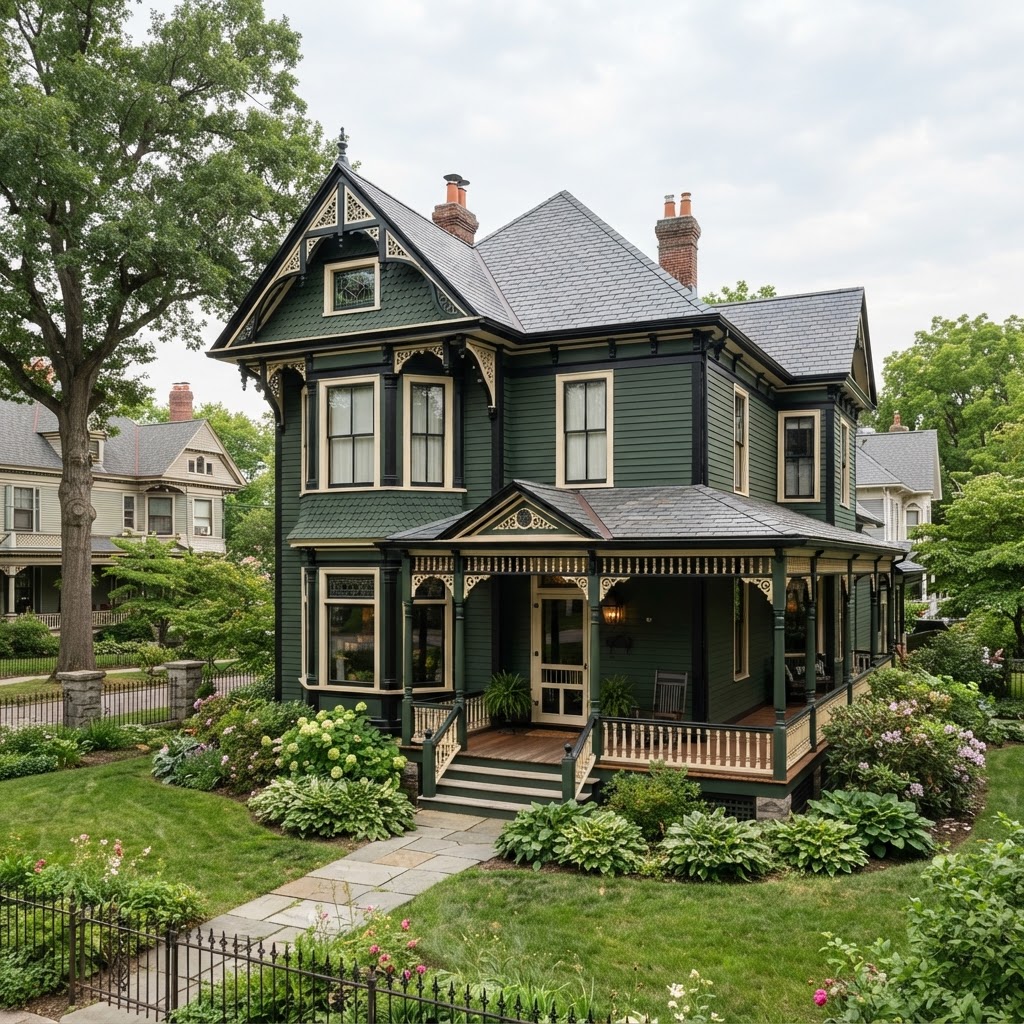 Victorian house painted dark green with black and cream trim details, decorative gable brackets, a turret-like gable and a wraparound porch with turned posts