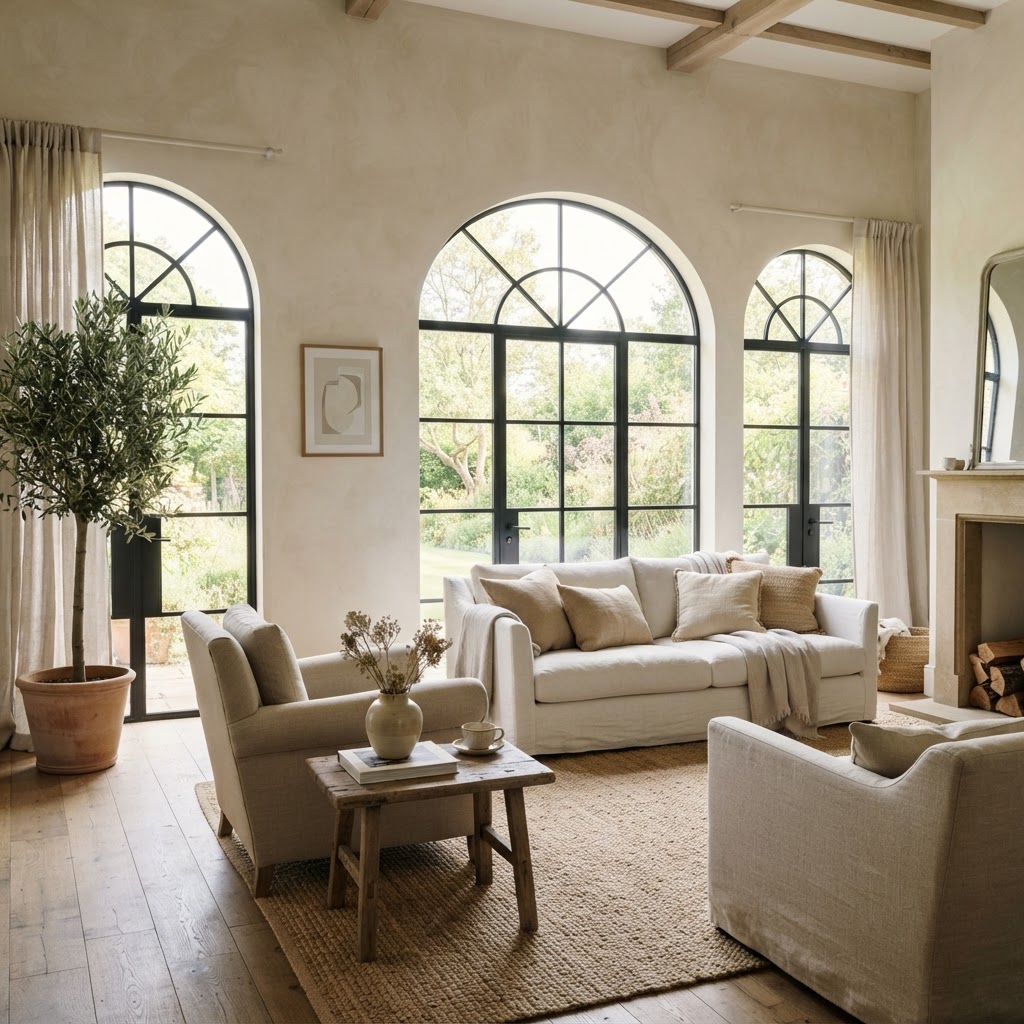 Black arched-top casement windows in a bright living room with an olive tree