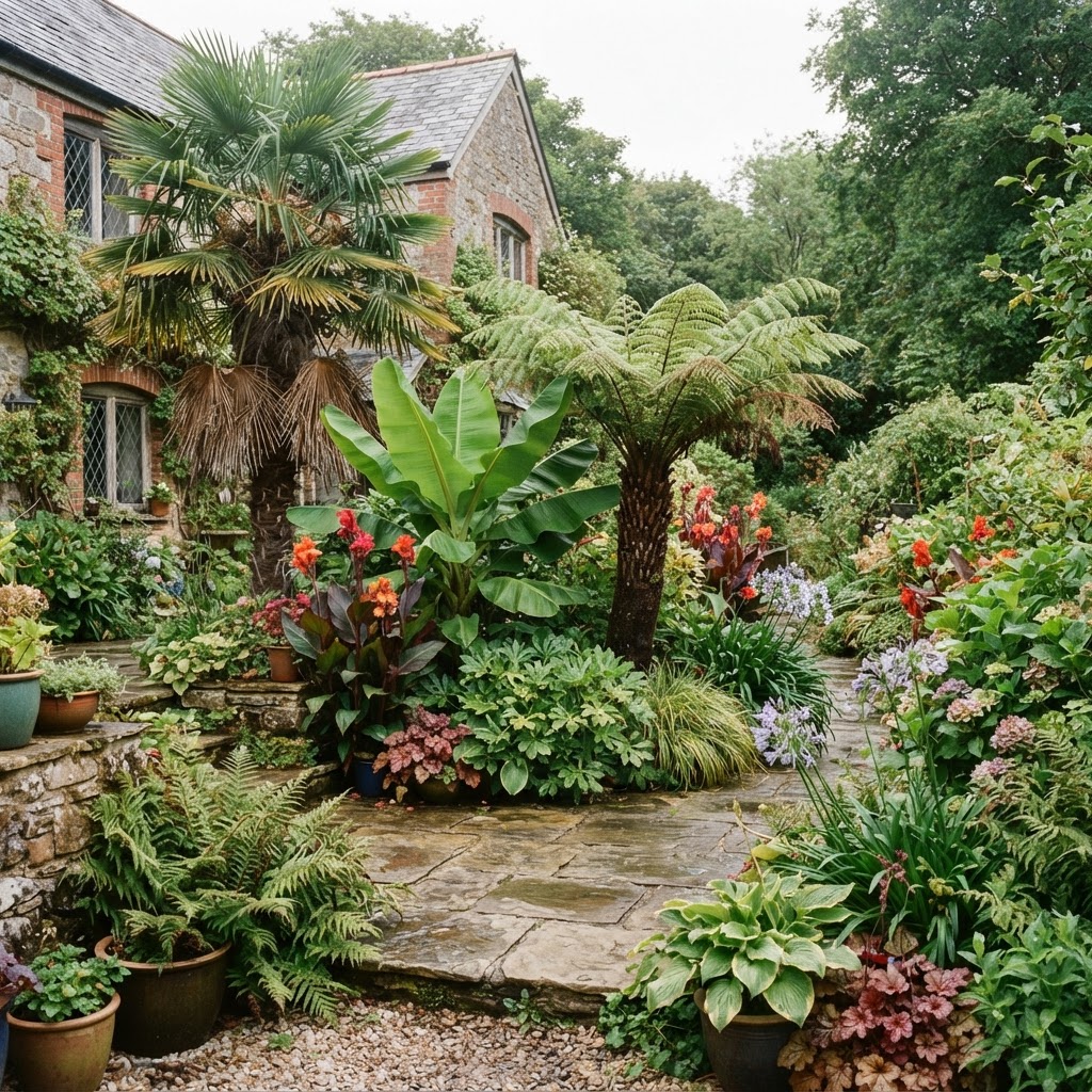 Lush exotic style British garden with a Chusan palm, banana plant, tree fern and cannas around a terrace