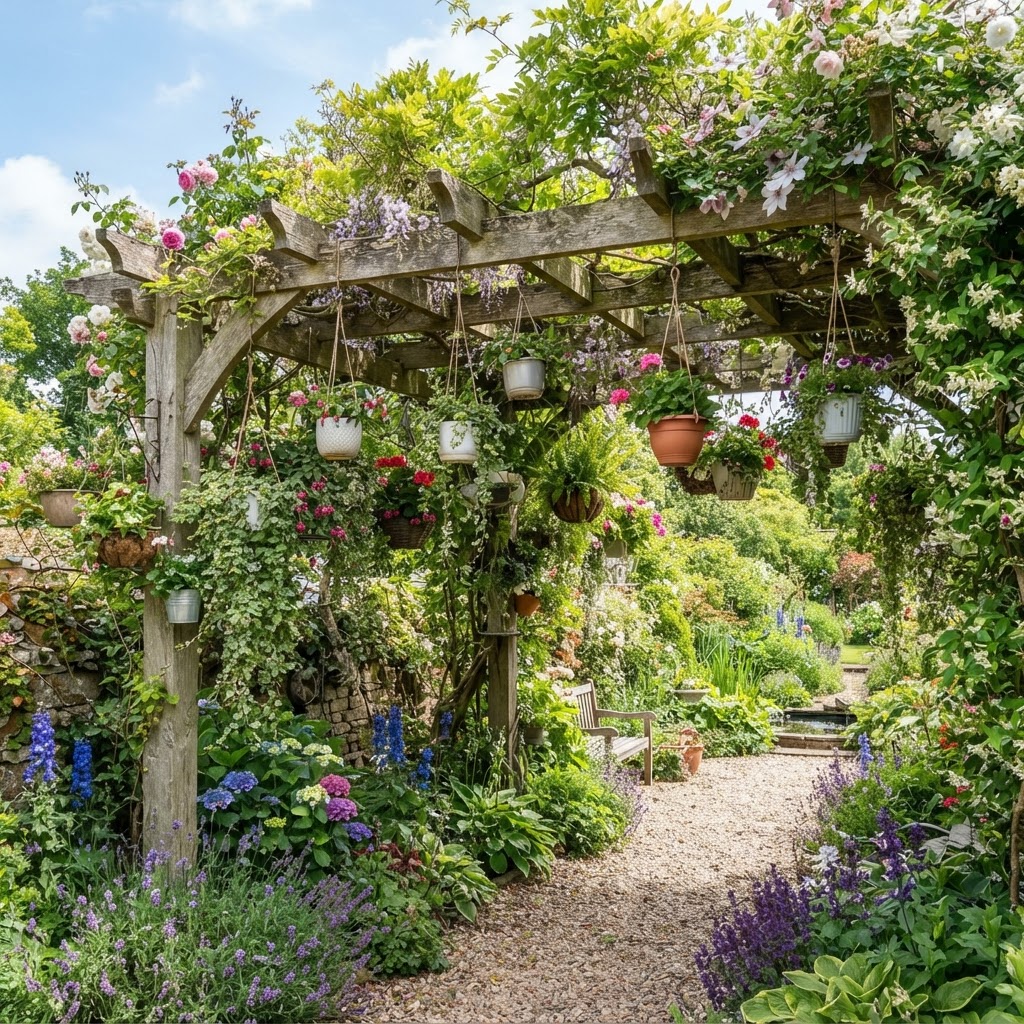 Pergola with hanging pots of trailing plants and flowers from the beams