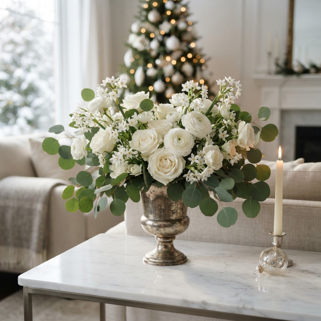All white Christmas arrangement of white roses, white ranunculus, paperwhites and silver dollar eucalyptus in a silver urn on a marble side table