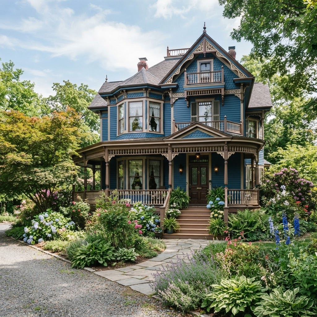 Blue Victorian house with brown and cream trim details, a turret, a wraparound porch with brown railings, a brown front door and a lush garden with a stone path