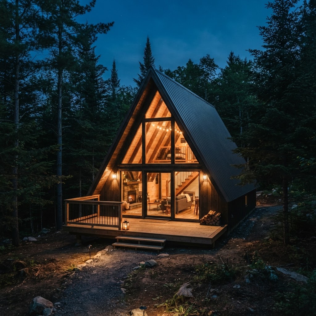 A-frame cabin with a fully glazed gable end glowing at dusk
