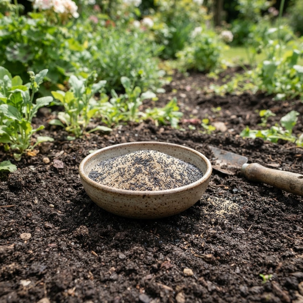 Tiny poppy seeds mixed with pale sand in a small ceramic dish beside freshly raked garden soil