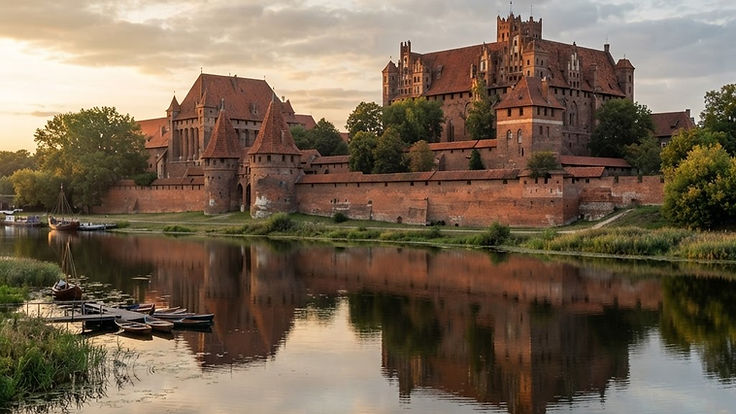 Vast red brick Gothic castle with tall towers, stepped gables and long defensive walls reflected in a calm river at golden hour