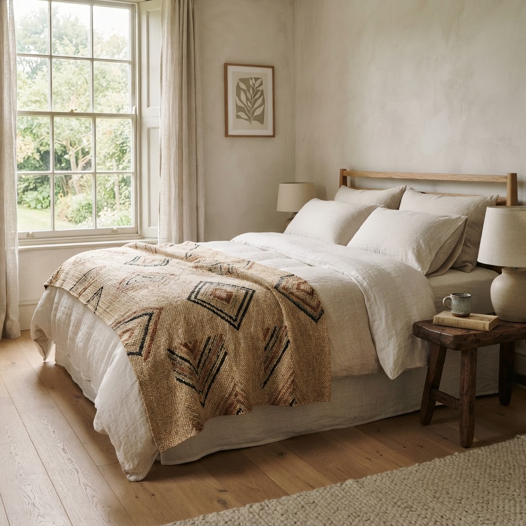 Calm bedroom with a patterned raffia throw on the bed and a small wooden stool as a bedside table