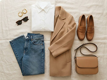 Flat lay of a chic casual outfit on cream linen: white button-down shirt, straight-leg jeans, camel wool coat, tan leather loafers, a tan leather crossbody bag, gold hoop earrings and tortoiseshell sunglasses