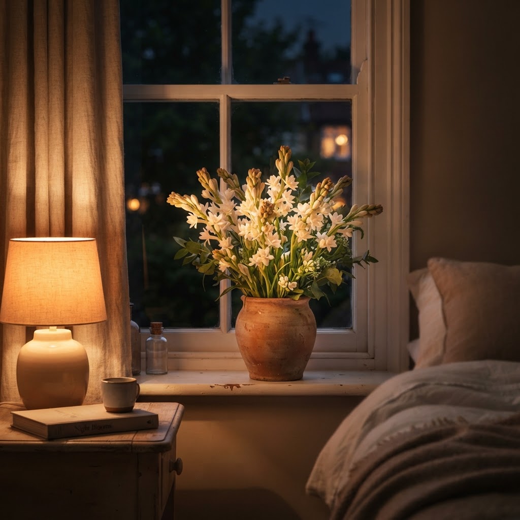 Pot of fragrant tuberose flowers on a bedroom windowsill in soft evening lamplight