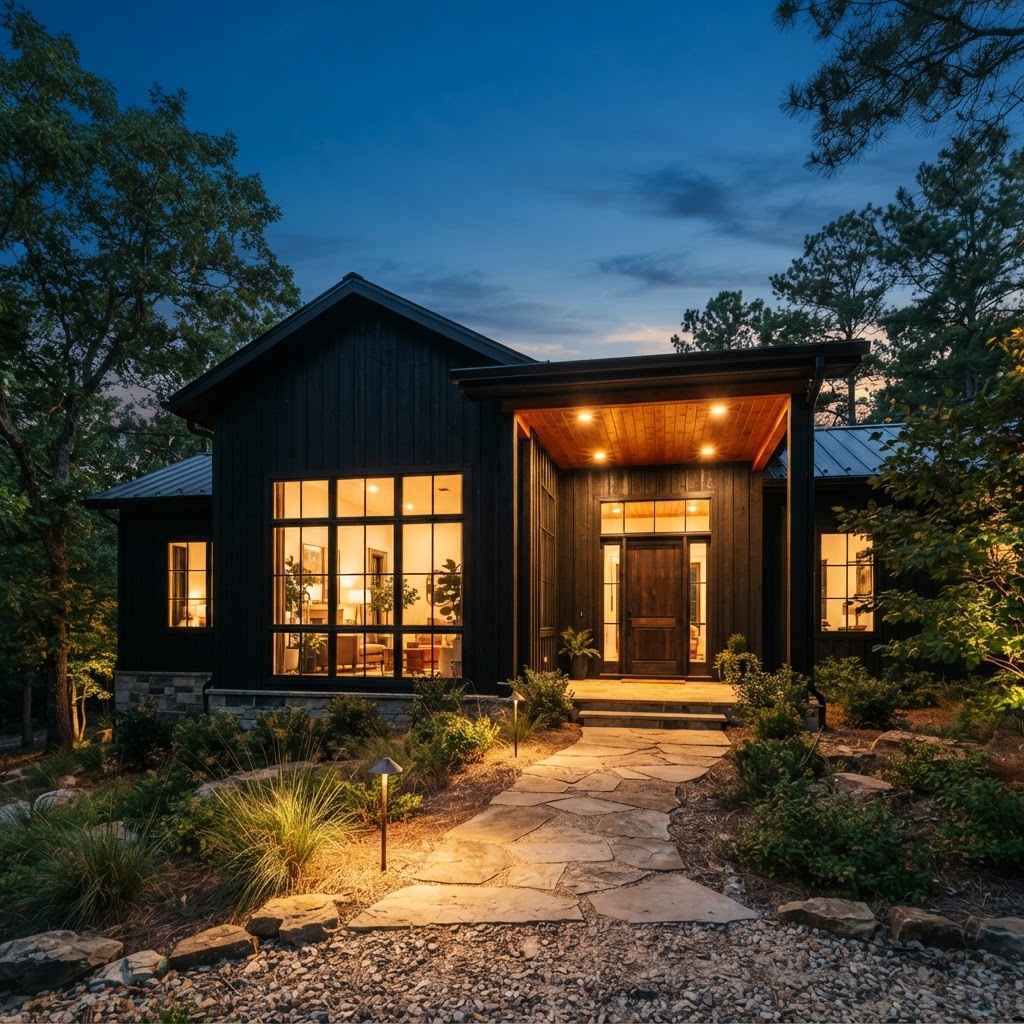 Black house at dusk with a warm cedar porch ceiling glowing under recessed lights, large lit windows with black frames, a timber front door and a lit stone path