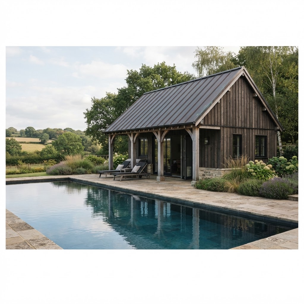Barn style pool house with a pitched roof and vertical timber cladding beside a pool in a rural garden