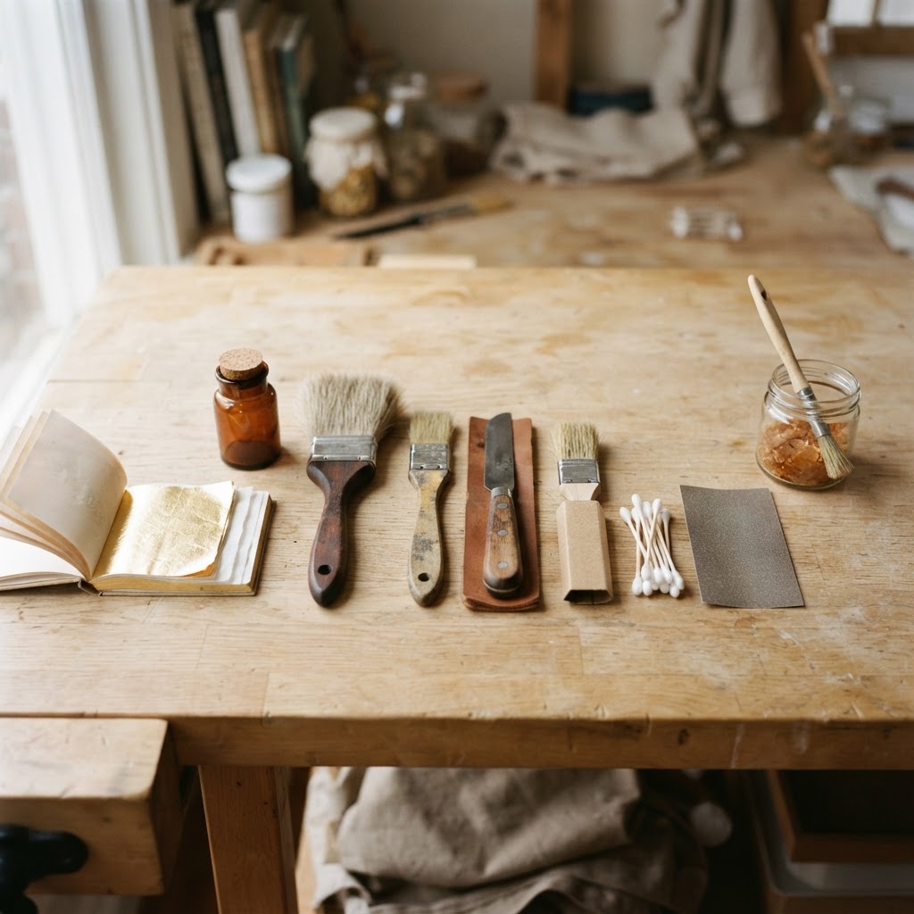 Flat lay of gilding materials on a pale wooden workbench: a book of loose gold leaf, a small jar of gilding size, a wide brush, smaller flat brushes, a gilder's knife, cotton buds, fine sandpaper and a jar of shellac
