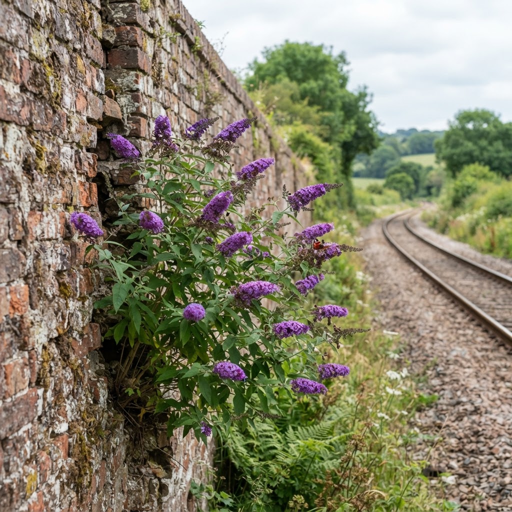 Butterfly bush self seeded and growing out of an old brick wall beside a railway line