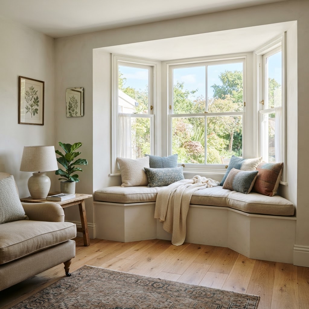 Canted bay window with a cushioned window seat and scatter cushions