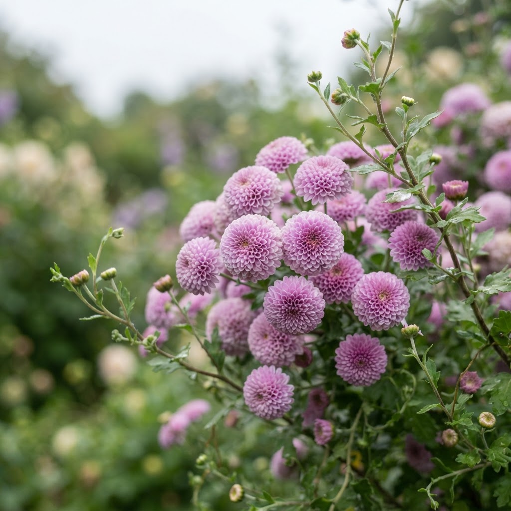 Close-up of small lilac pink pompon chrysanthemum flowers
