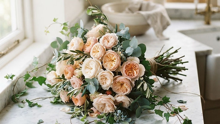 Hand-tied bouquet of garden roses surrounded by eucalyptus, olive and trailing ivy on a marble kitchen counter