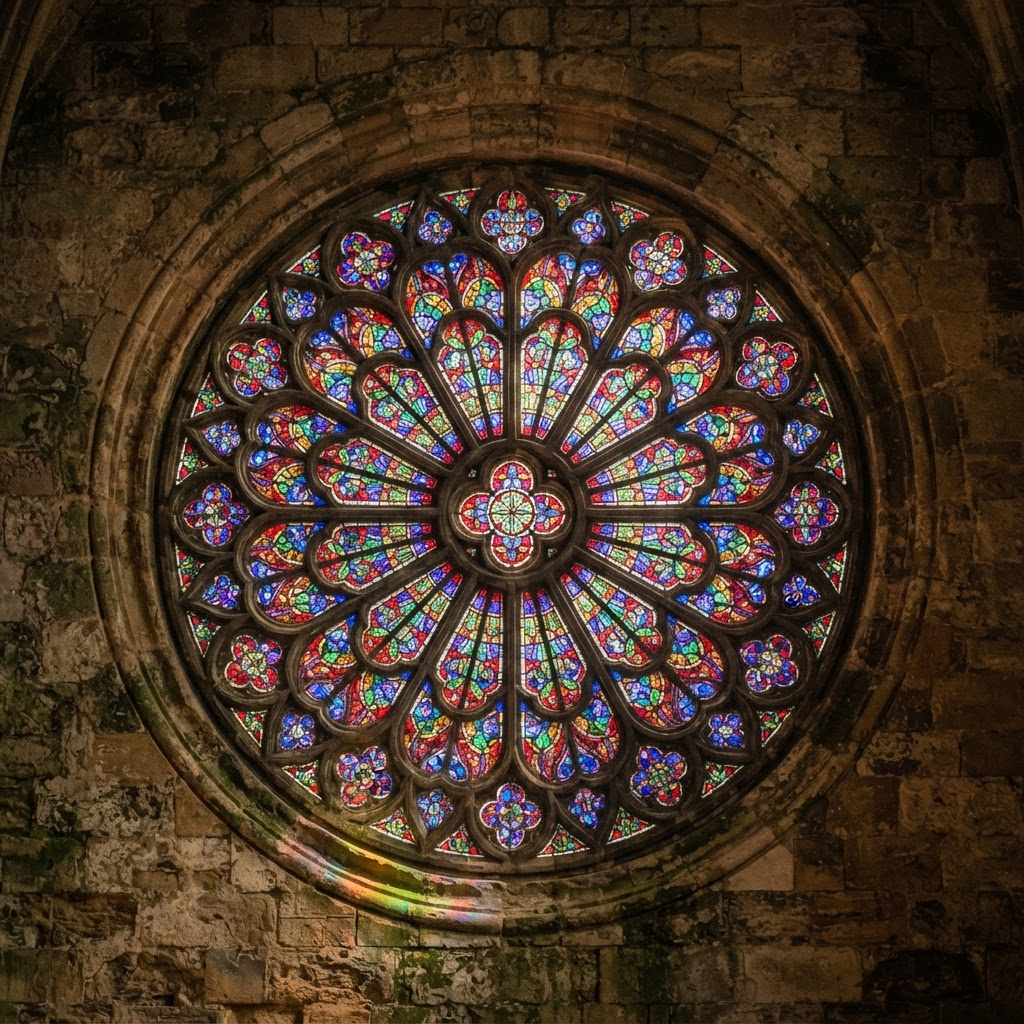 Round stained glass rose window with radiating tracery in a stone wall