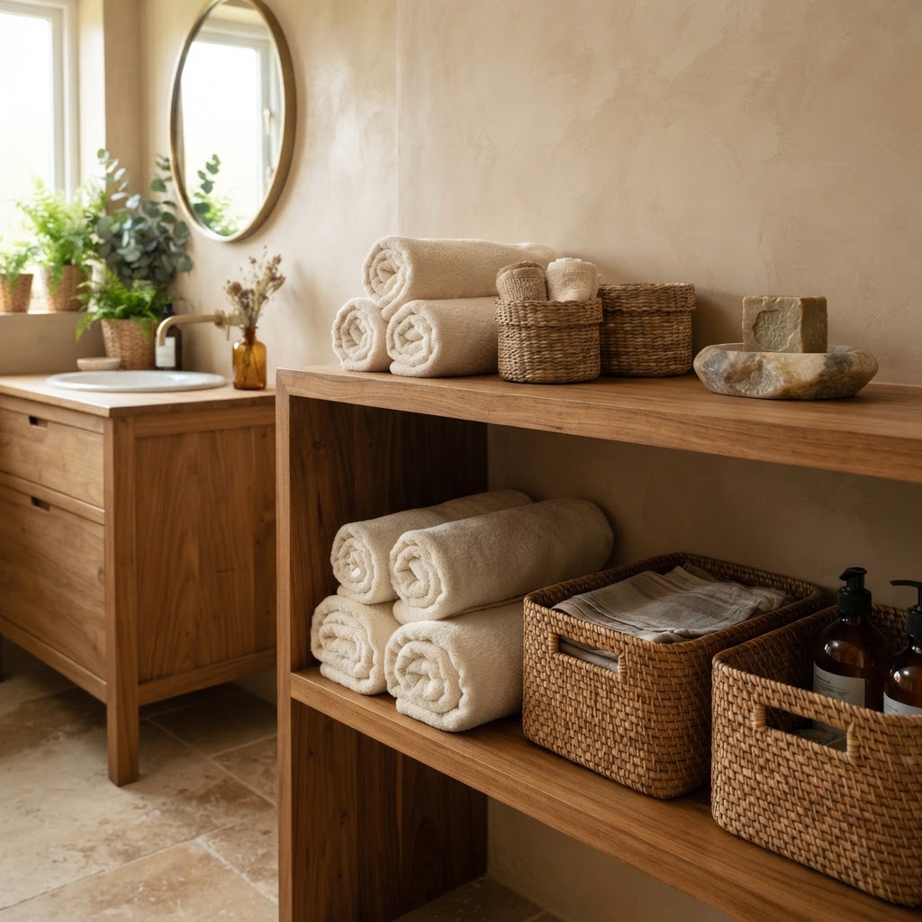 Teak open shelving with rolled towels, woven baskets and a stone soap dish