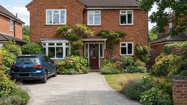 Red brick house with a grey block-paved driveway edged with planted borders