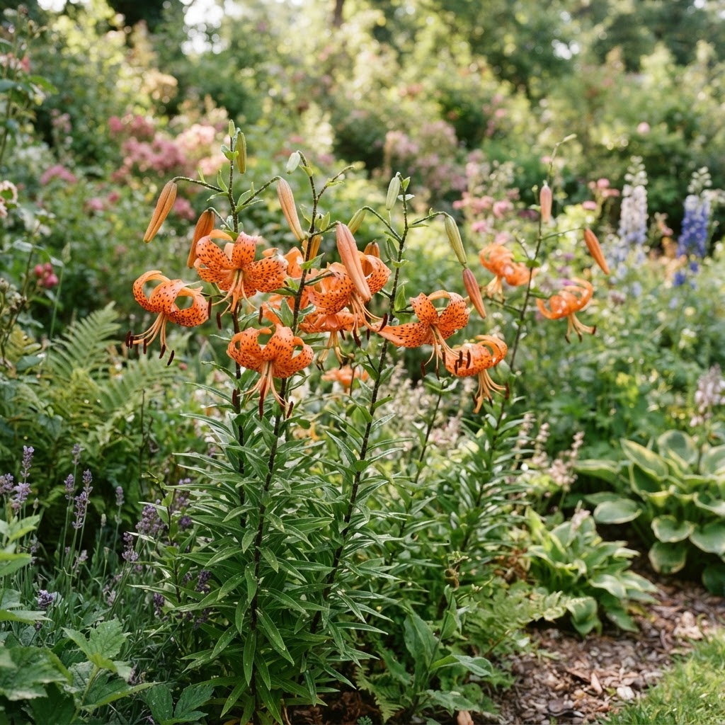 Orange tiger lilies with dark spots and curled back petals in a summer garden