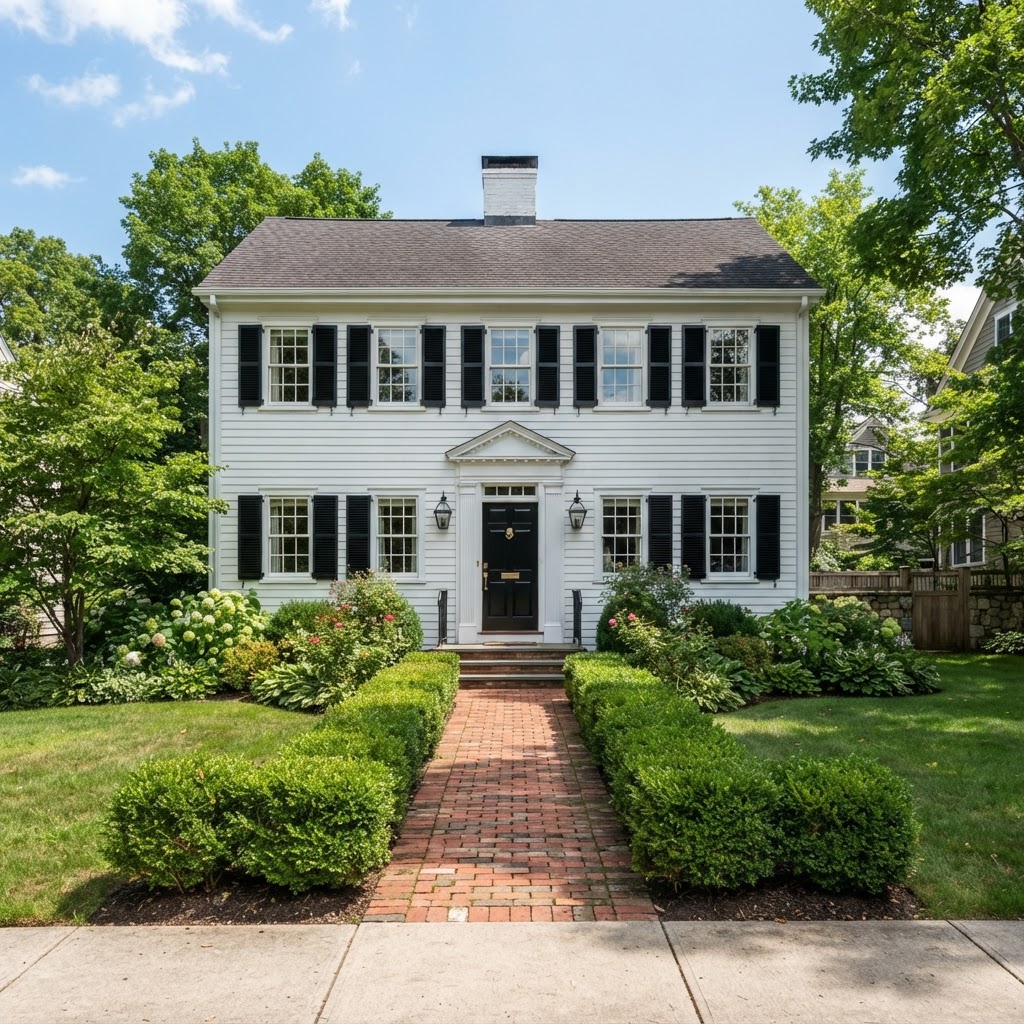 White two-storey colonial house with black shutters, a glossy black front door with a classic portico, black lanterns and a herringbone brick path between clipped boxwood hedges