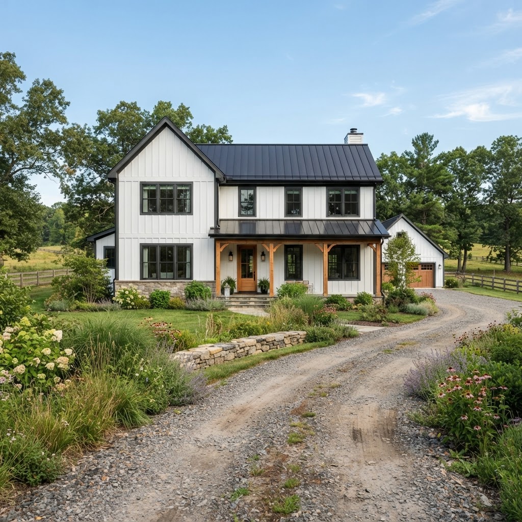 Modern farmhouse with white board and batten siding, dark charcoal gray window frames, gutters and fascia, a black metal roof, a wooden front door with a timber porch and a gravel drive