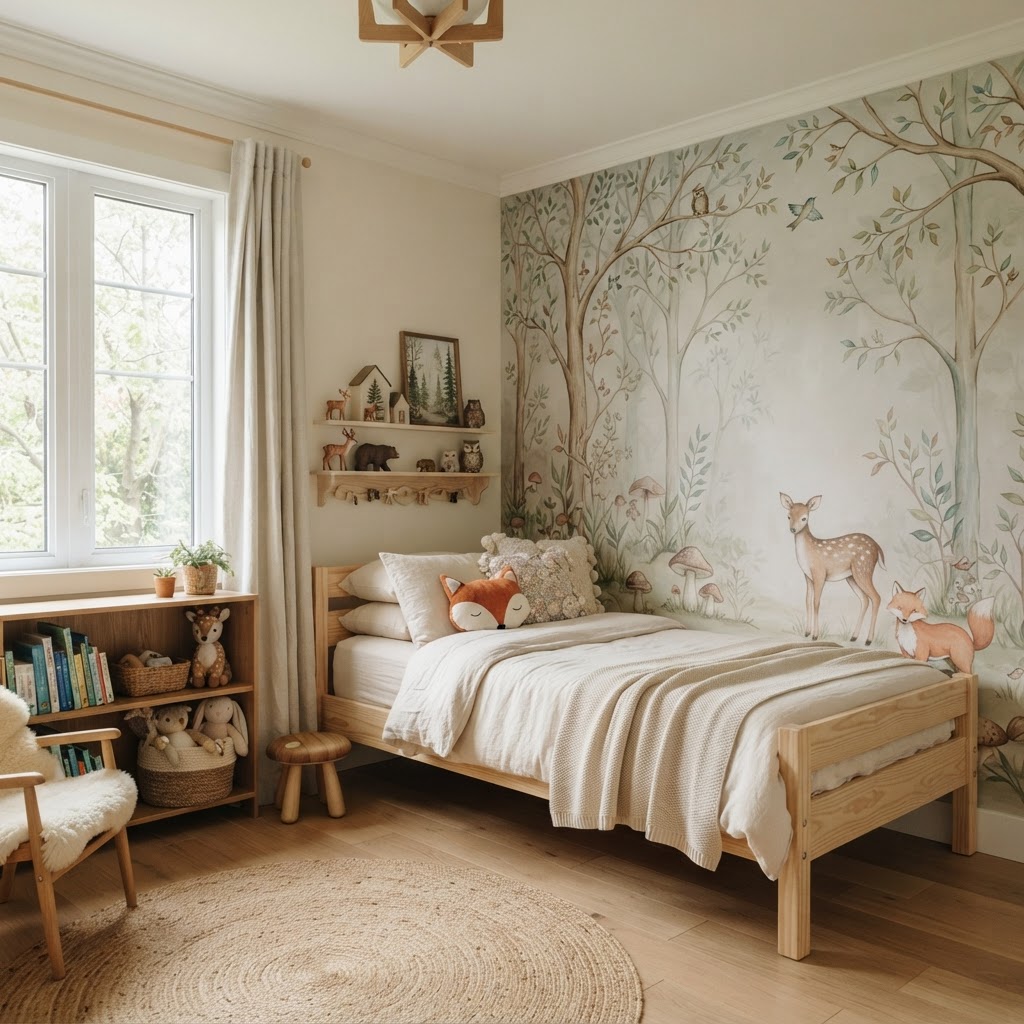 Woodland themed girl's bedroom with a painted tree and deer mural and a wooden bed