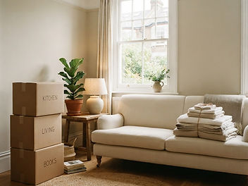 Freshly moved-into living room with labelled moving boxes, a cream sofa stacked with new linen bedding and towels, a table lamp, potted plants, a round jute rug and a sash window