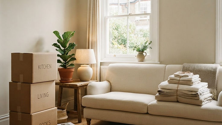 Freshly moved-into living room with labelled moving boxes, a cream sofa stacked with new linen bedding and towels, a table lamp, potted plants, a round jute rug and a sash window