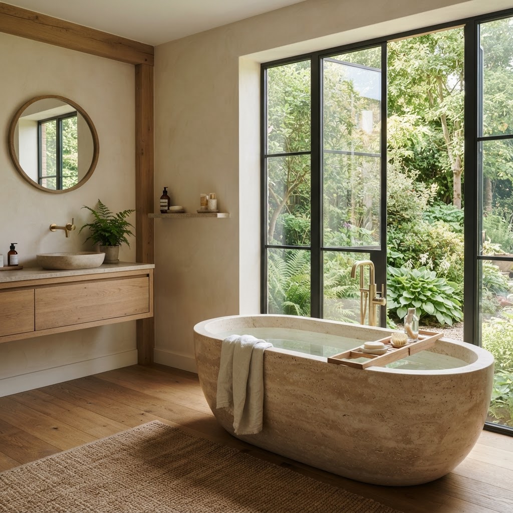 Freestanding stone bath beside a large window looking out to a green garden