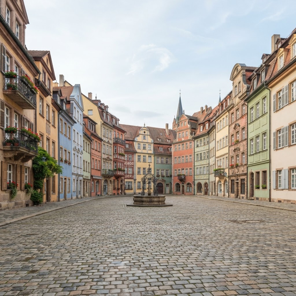Rebuilt historic old town square with colourful pastel townhouses and cobblestones