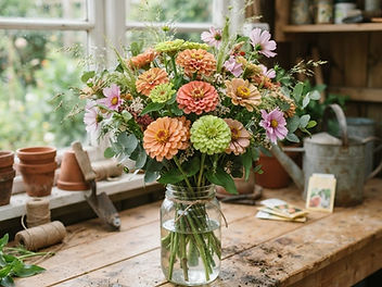 Hand-tied bouquet of freshly cut zinnias in peach, coral, lime green and pink with cosmos and grasses in a glass jar on a potting shed bench
