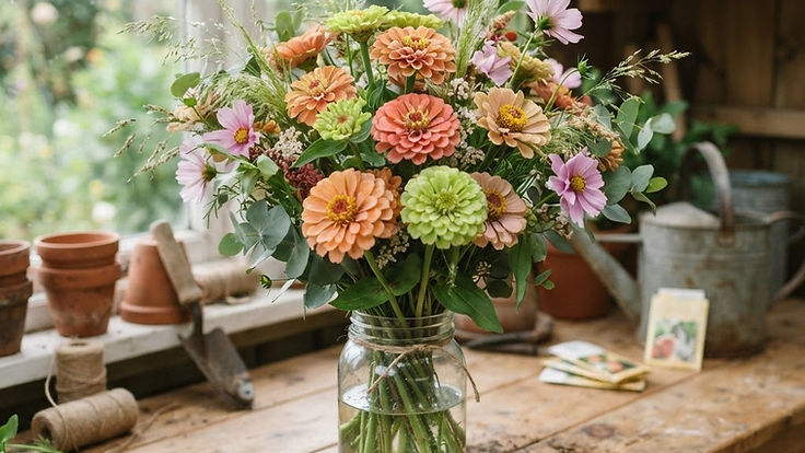 Hand-tied bouquet of freshly cut zinnias in peach, coral, lime green and pink with cosmos and grasses in a glass jar on a potting shed bench
