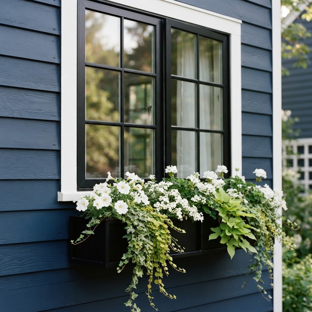 Close-up of a black-framed window with a white casing in navy blue clapboard siding, with a black window box overflowing with white flowers and trailing greenery