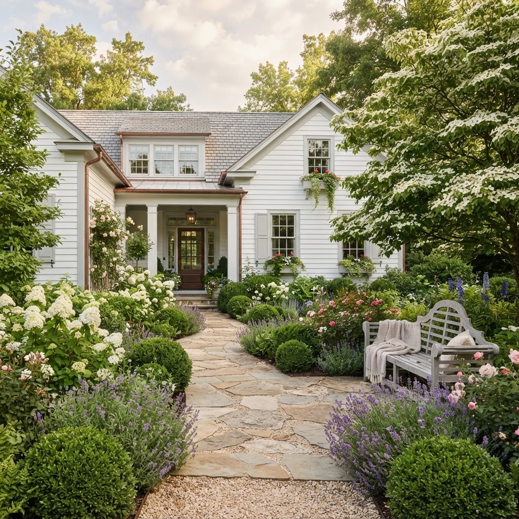 White house with light gray trim behind a lush front garden with a curved stone path, clipped boxwood balls, white hydrangeas, lavender and a weathered gray garden bench