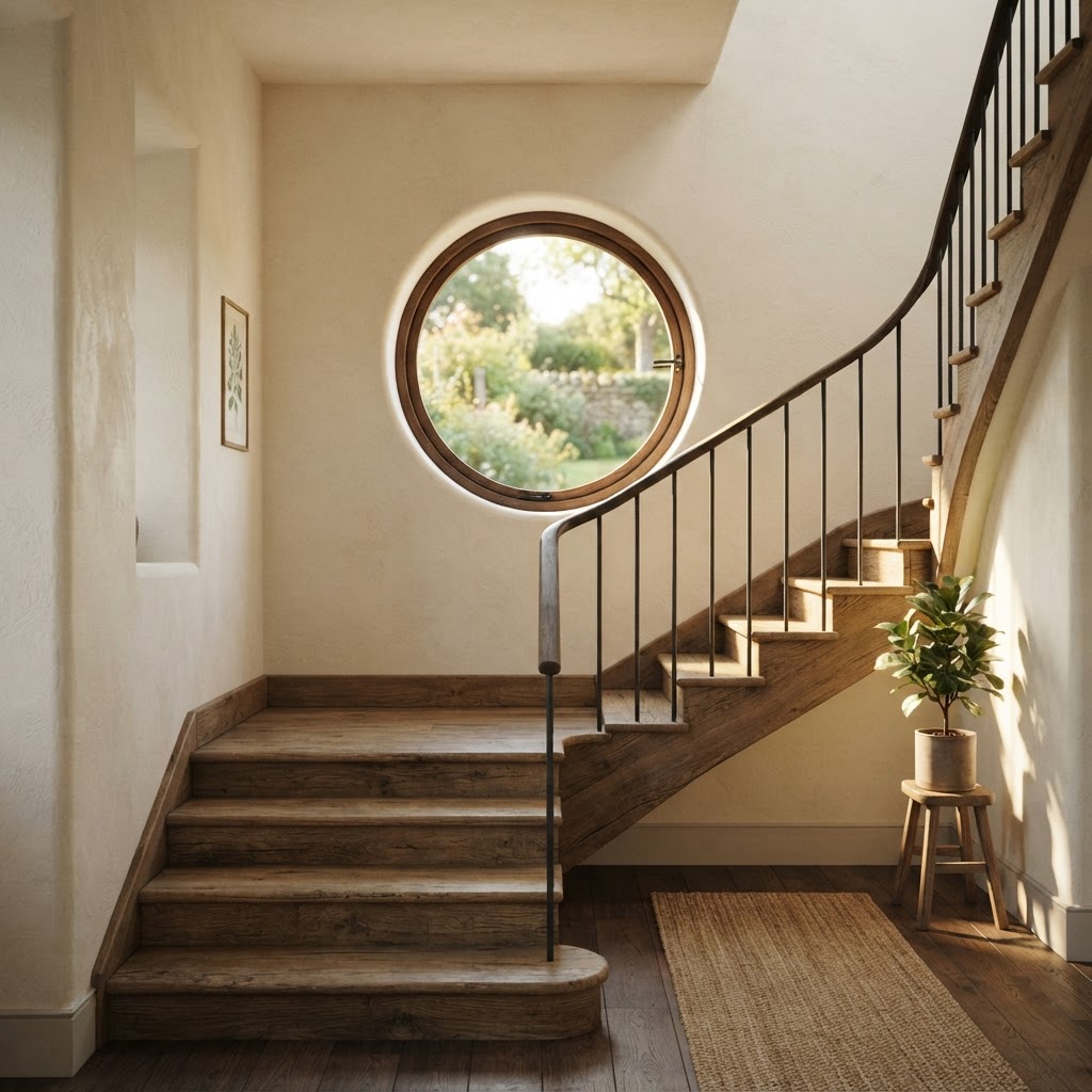 Round window on a staircase landing with light falling on the stairs