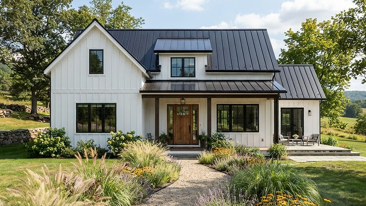 White modern farmhouse with board and batten siding, black window frames, a black standing seam metal roof, a natural wood front door and a gravel path through ornamental grasses