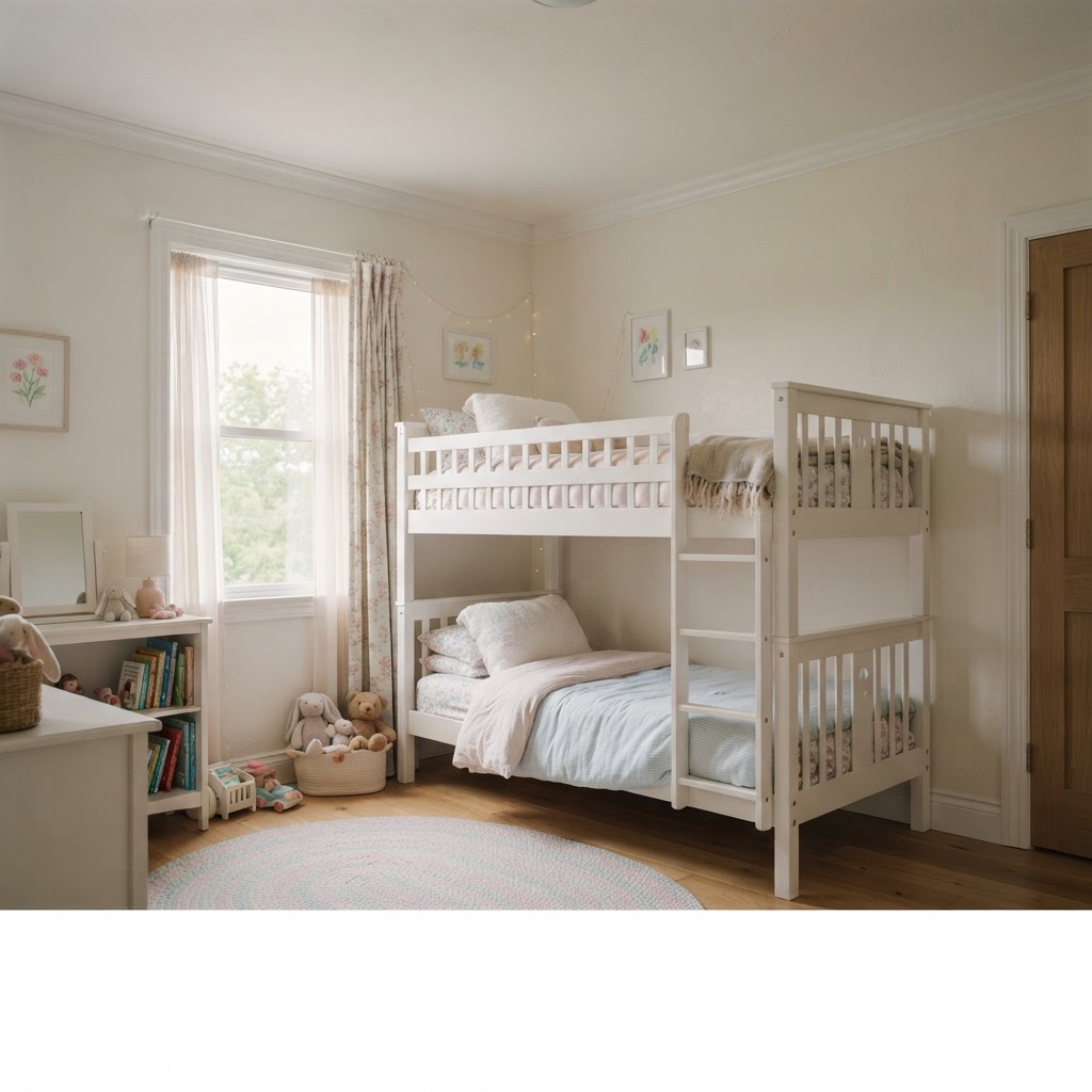 Shared girls' bedroom with white wooden bunk beds with guardrails
