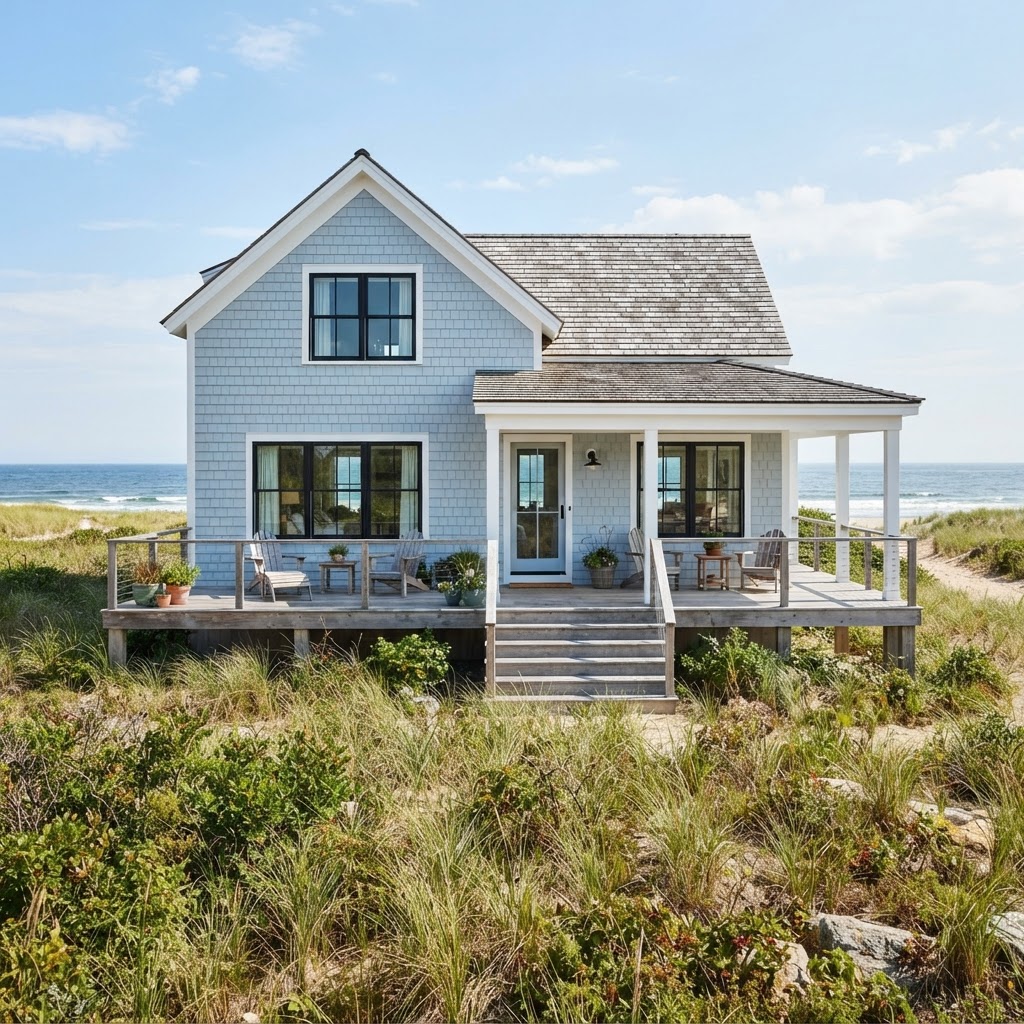 Light blue shingled beach house with black window frames, a gray shingle roof, a wooden porch and deck and dune grasses with the sea behind