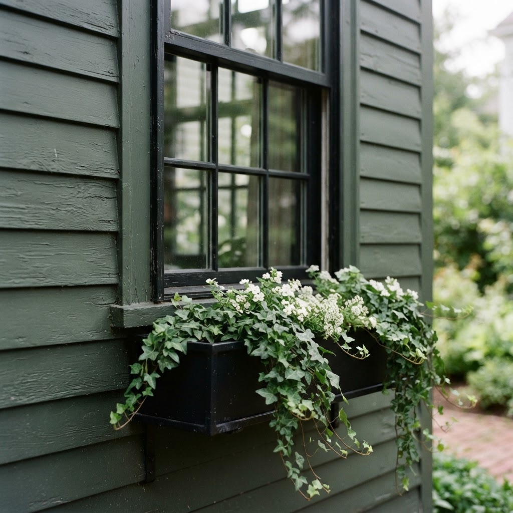 Close-up of a black-framed window in dark green clapboard siding with a black window box planted with trailing ivy and small white flowers